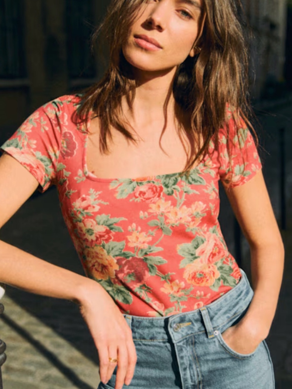 Sézane Floral Square-Neck Short Sleeve Top - Coral (Small/Xsmall)